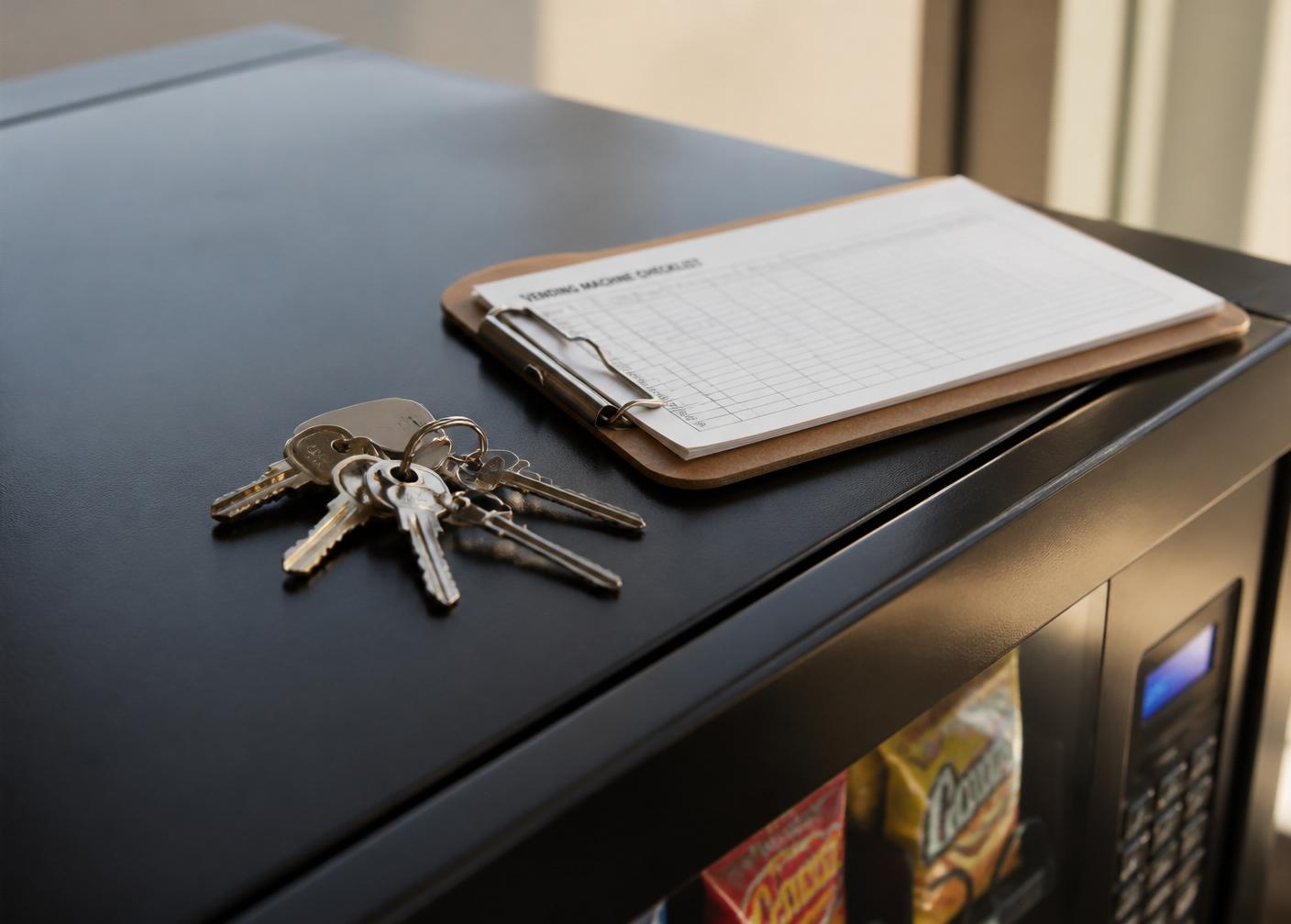 A set of vending machine keys and a route checklist resting on top of a machine.