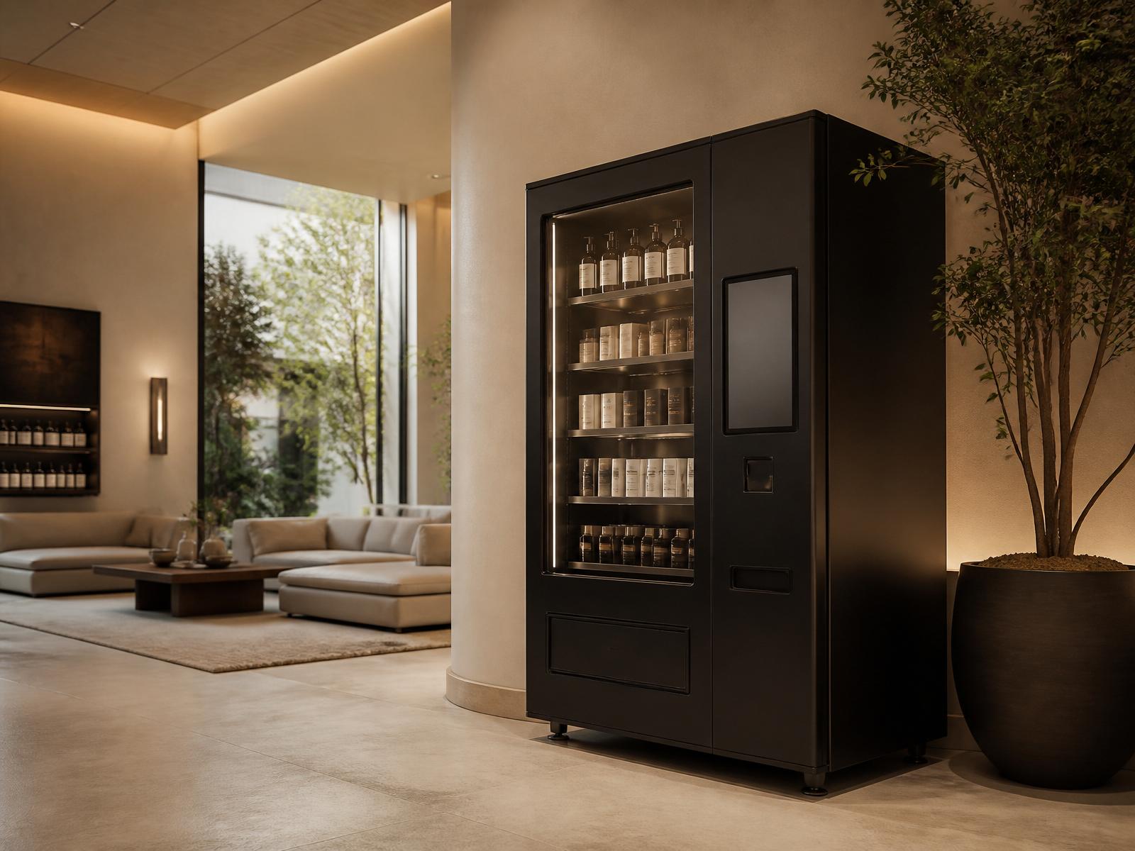 A modern touchscreen vending machine in a boutique hotel lobby.