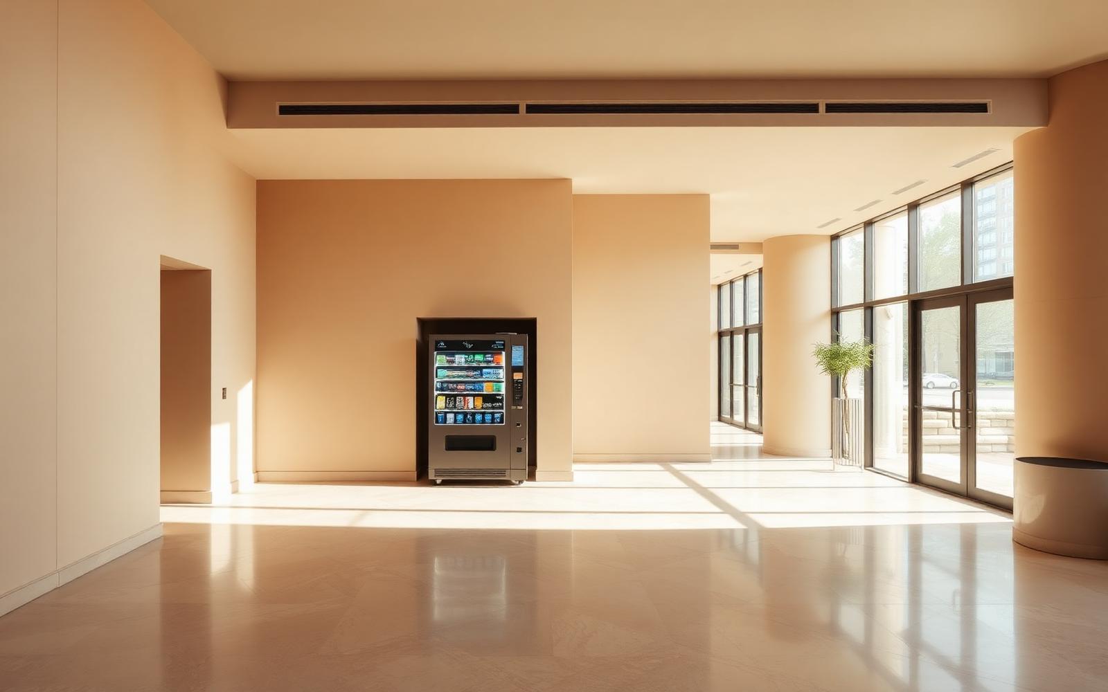 Modern hotel lobby with a discreetly placed vending machine.