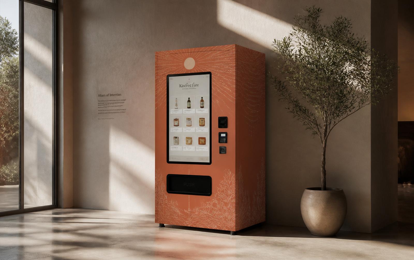 A modern touchscreen vending machine wrapped in a custom terracotta finish.